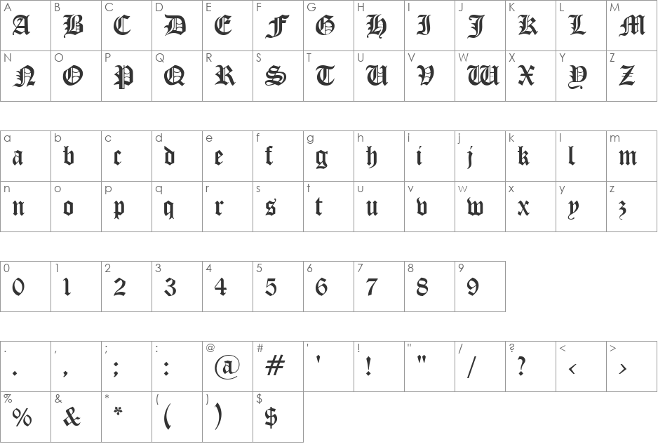 OldEnglish font character map preview
