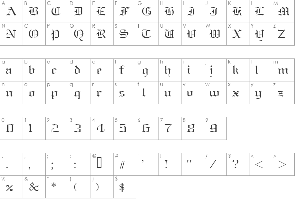 OldEnglish font character map preview