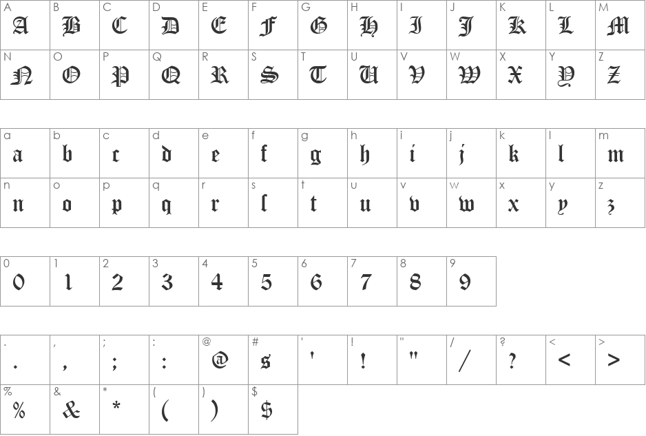 OldEnglishD font character map preview