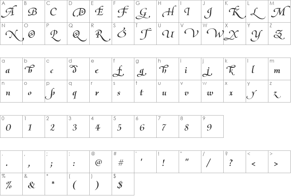 Olietta script Lyrica font character map preview