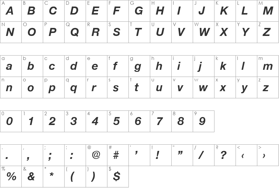 Olnova-BoldIta font character map preview