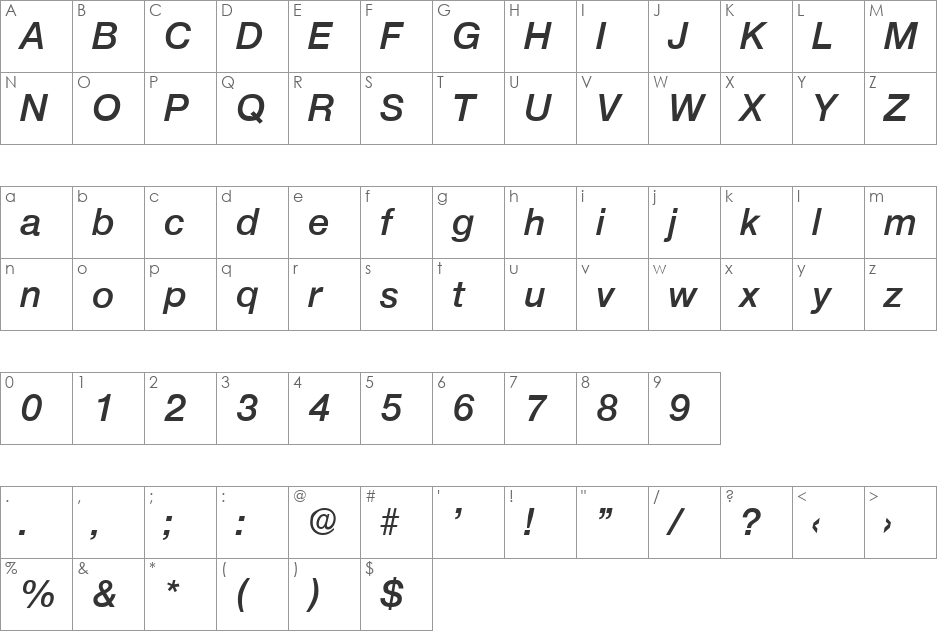 Olnova-DemiBoldIta font character map preview
