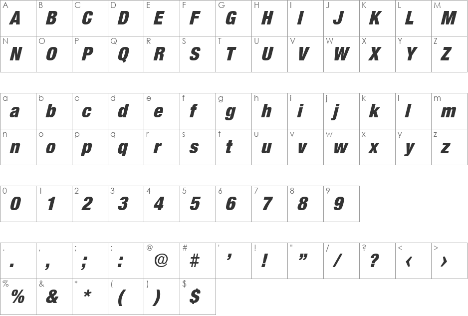 Olnova-HeavyCondIta font character map preview