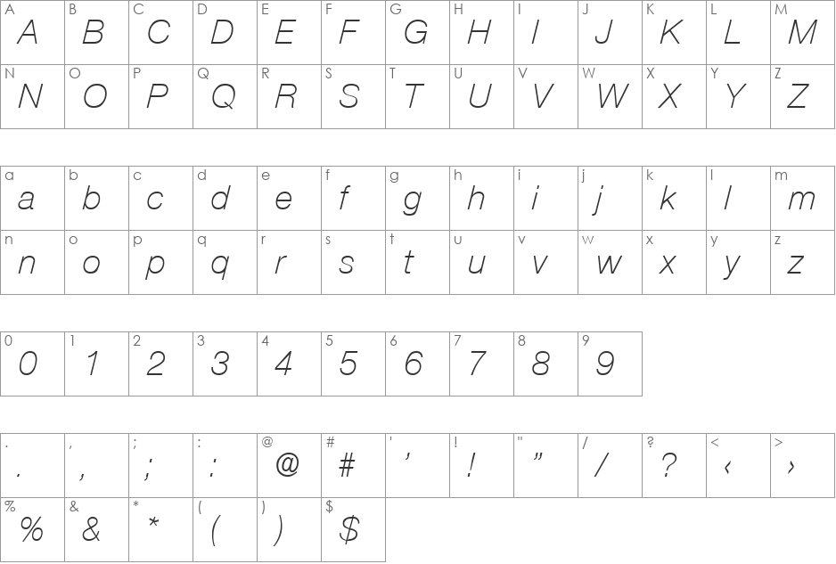 Olnova-LightIta font character map preview