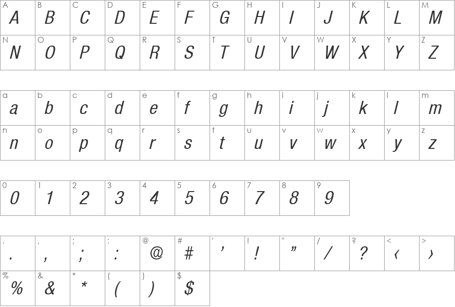 Olnova-MediumCondIta font character map preview