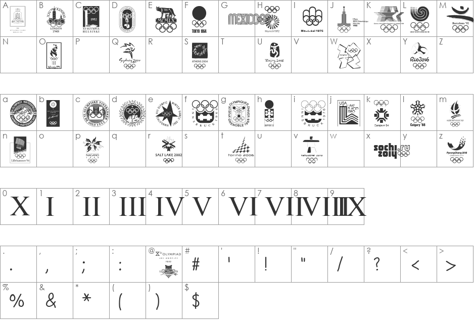 OLYMPIAD XXX font character map preview