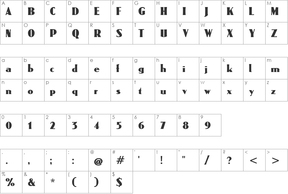 Omega CAT font character map preview