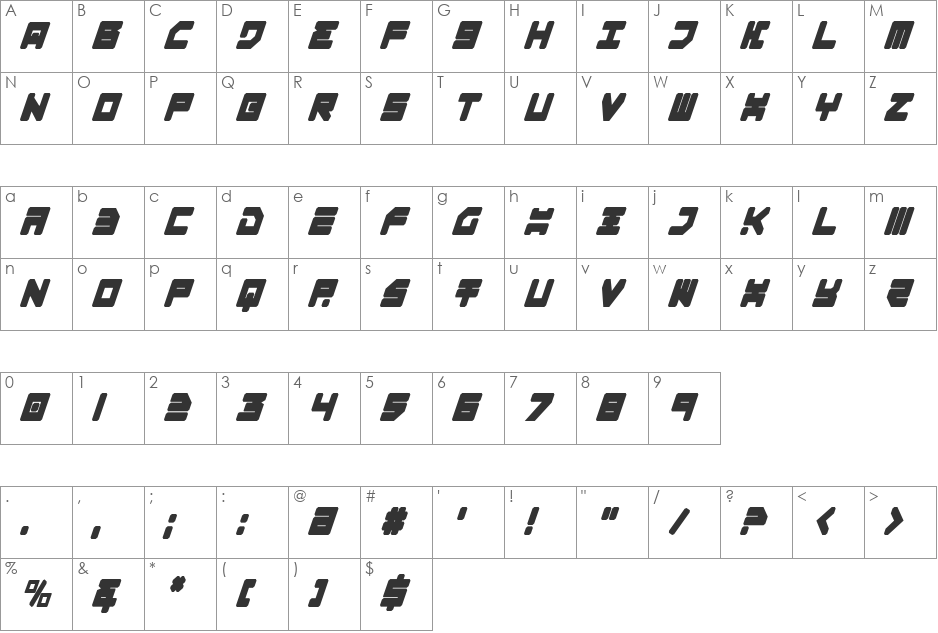 Omega-3 Condensed Italic font character map preview