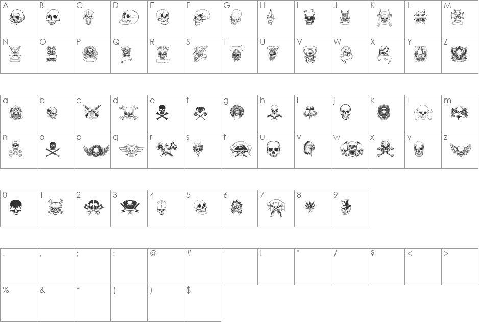 only skulls font character map preview