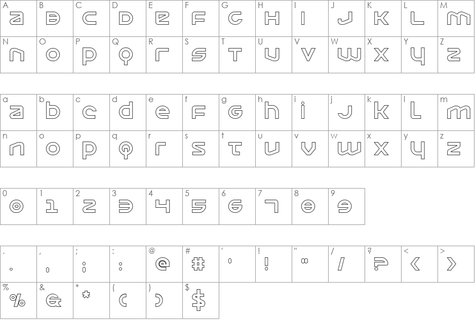 Opilio Outline font character map preview