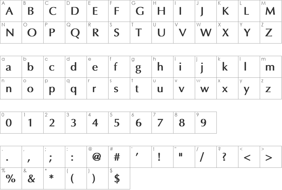 Optima Bold font character map preview