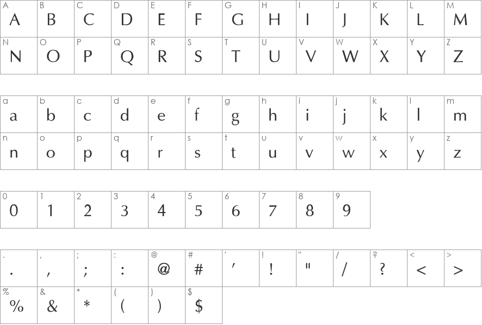Optima-Thin font character map preview