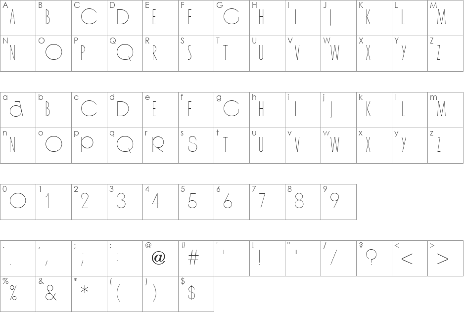 Organda Light font character map preview