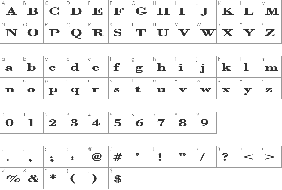 Orgreave Extended font character map preview