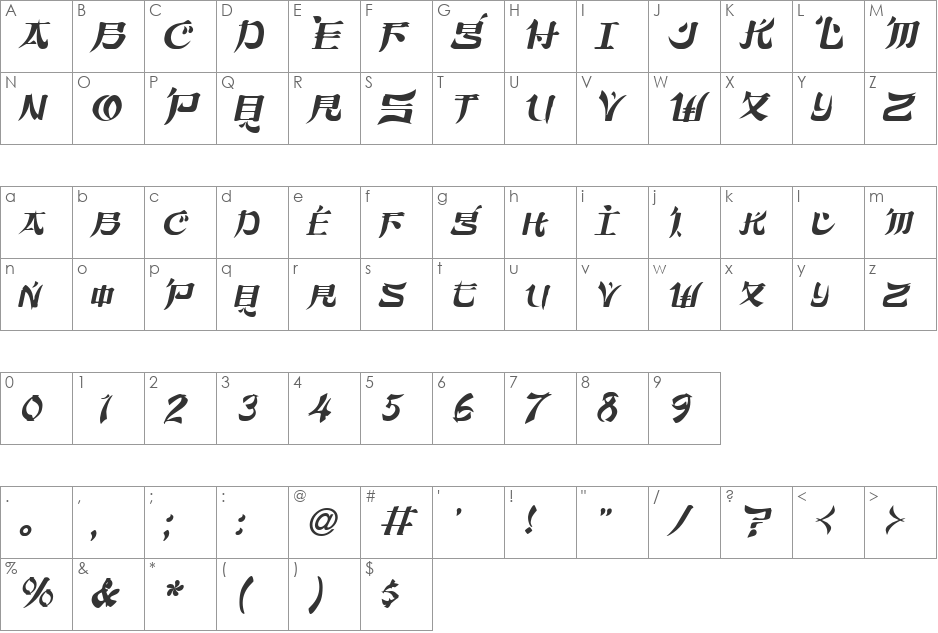 Orient2 font character map preview