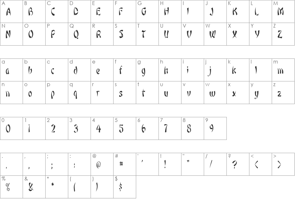 OrientNarrow font character map preview