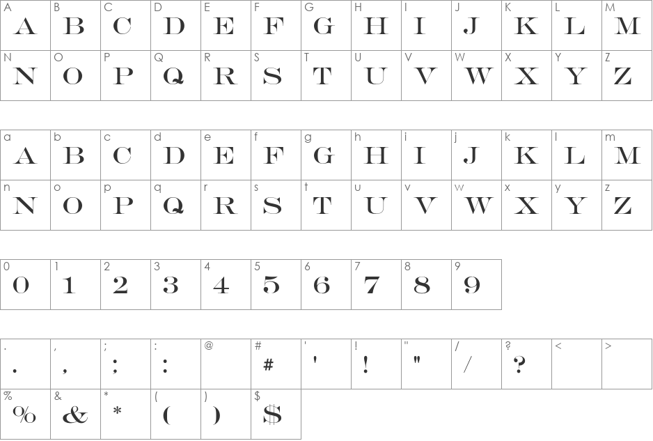 Orlando Caps CG font character map preview