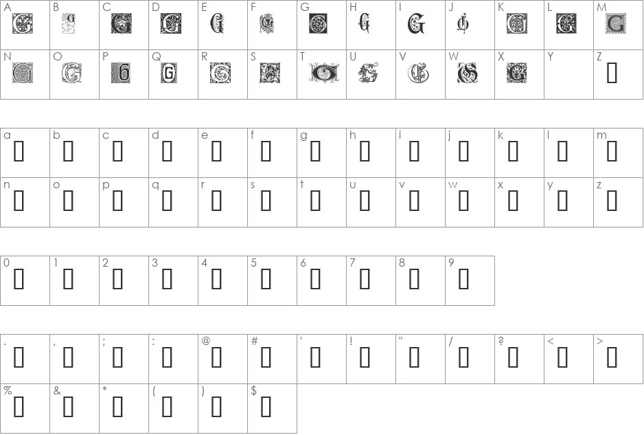 Ornamental Initials G font character map preview