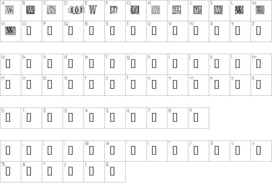 Ornamental Initials W font character map preview