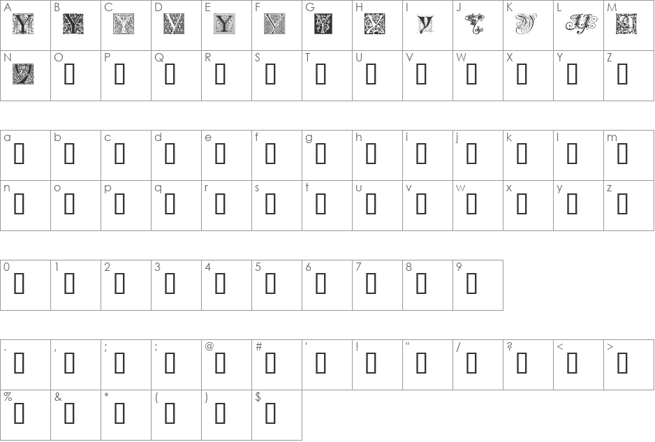 Ornamental Initials Y font character map preview