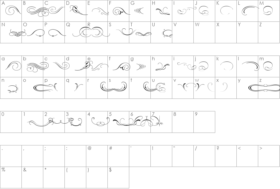 OrnamentScrollsAndFlorishes font character map preview