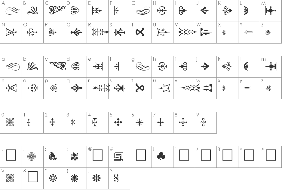 Ornament_TM font character map preview