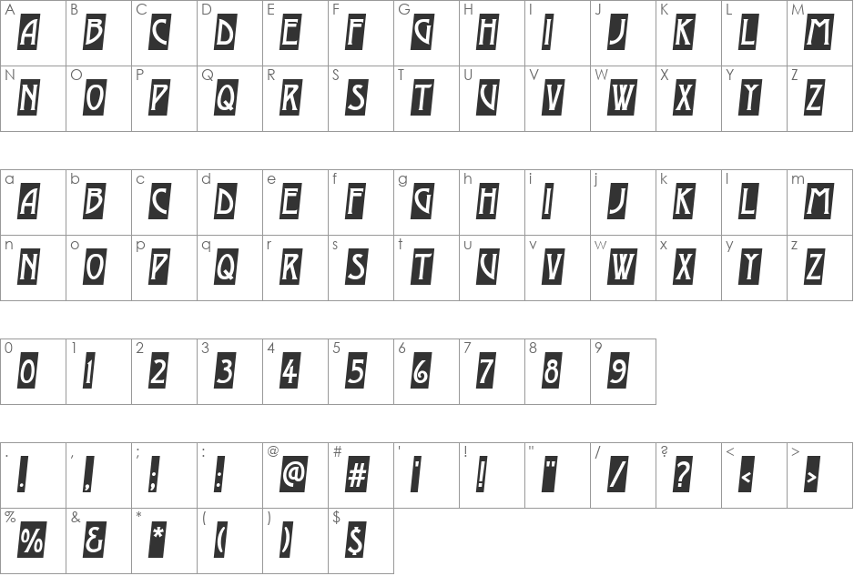 a_ModernoCmObl font character map preview