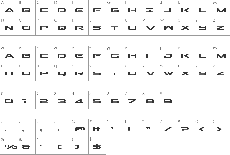 Outrider font character map preview