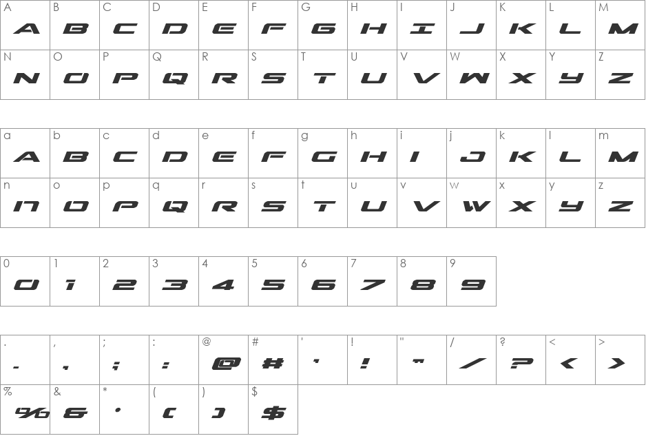 Outrider Bold Italic font character map preview