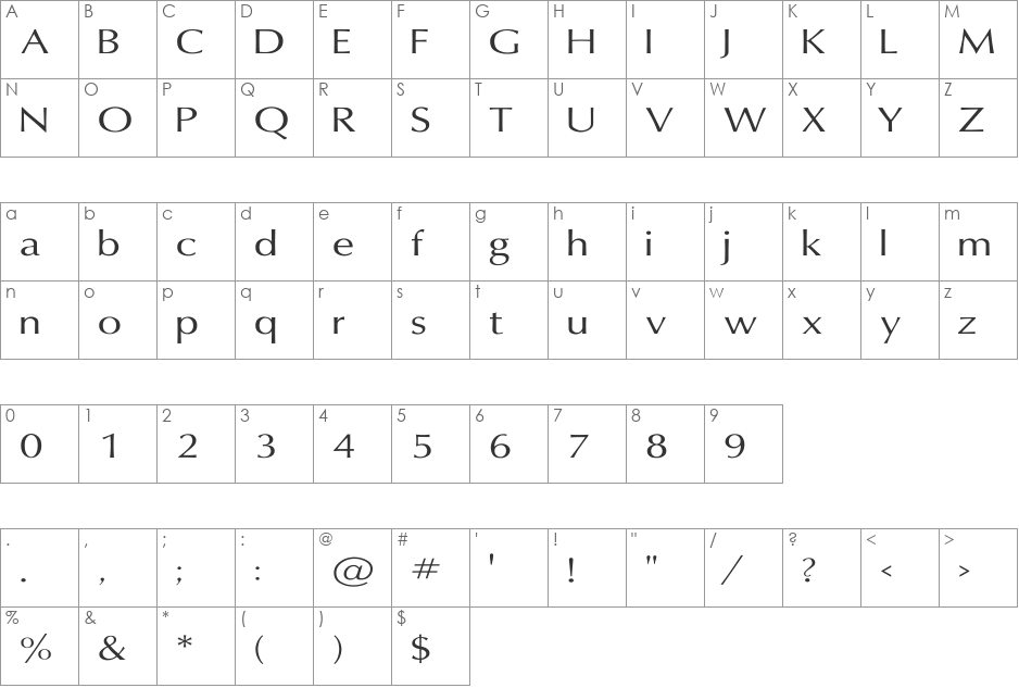 Oxford Wd font character map preview