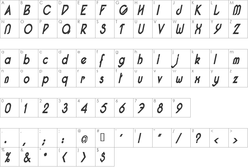 Pacotillenarrowbold font character map preview