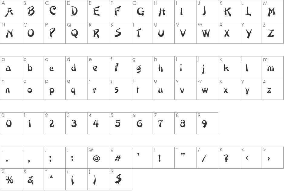 Paintbrush font character map preview