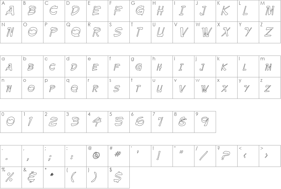 Paintbrush Hollow font character map preview