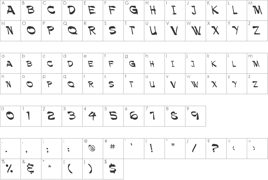 Paintbrush Leftified font character map preview
