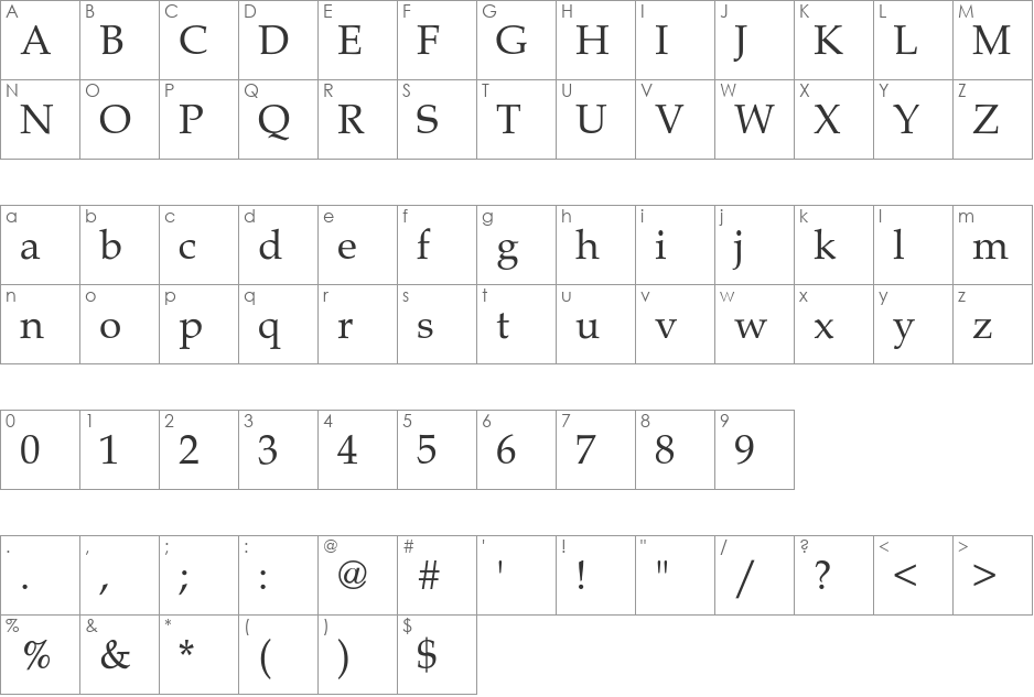 Palacio font character map preview