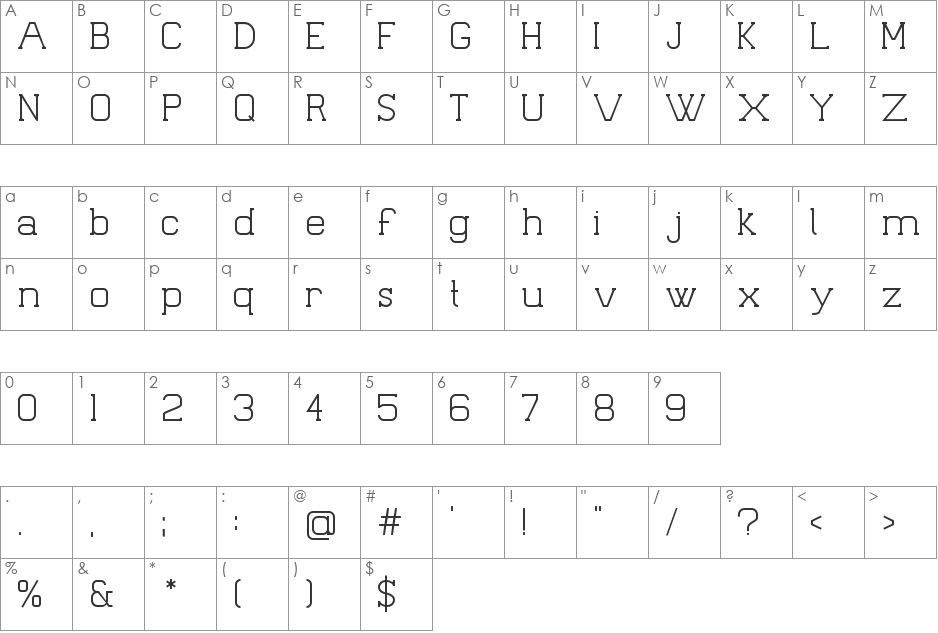 Palacio Light font character map preview