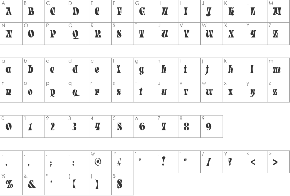 ParadeTight font character map preview