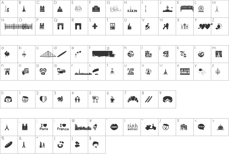 Paris font character map preview