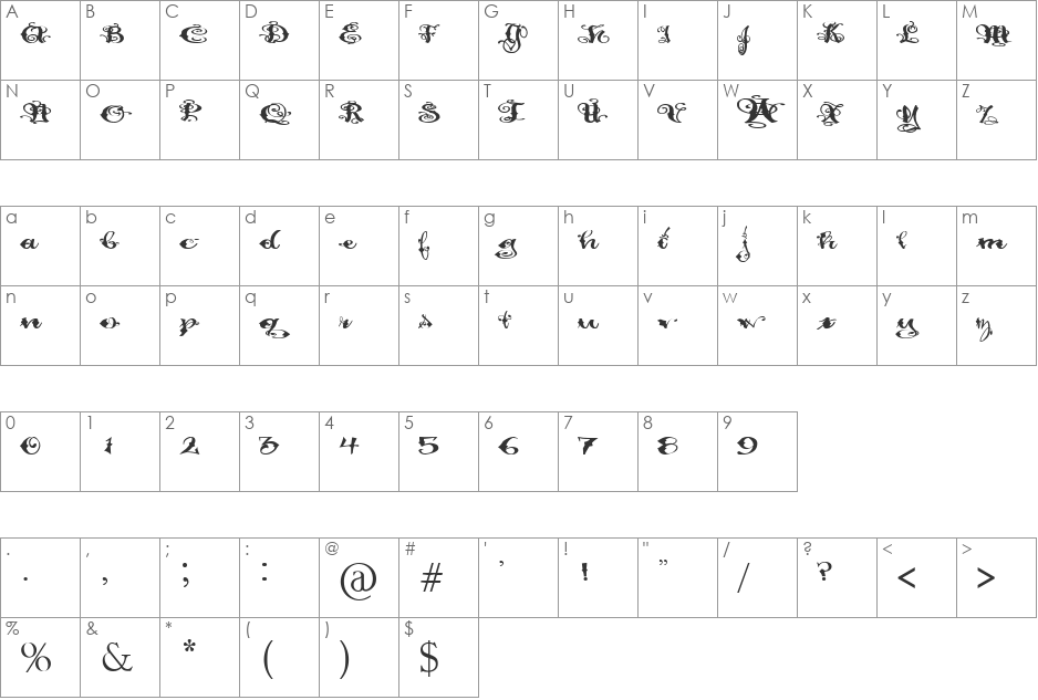 Pauls Fancy Script font character map preview