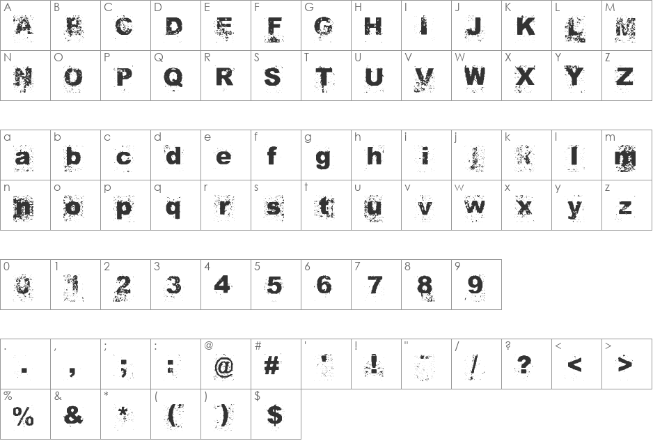 PDTNC-DirtBlackGrunge font character map preview