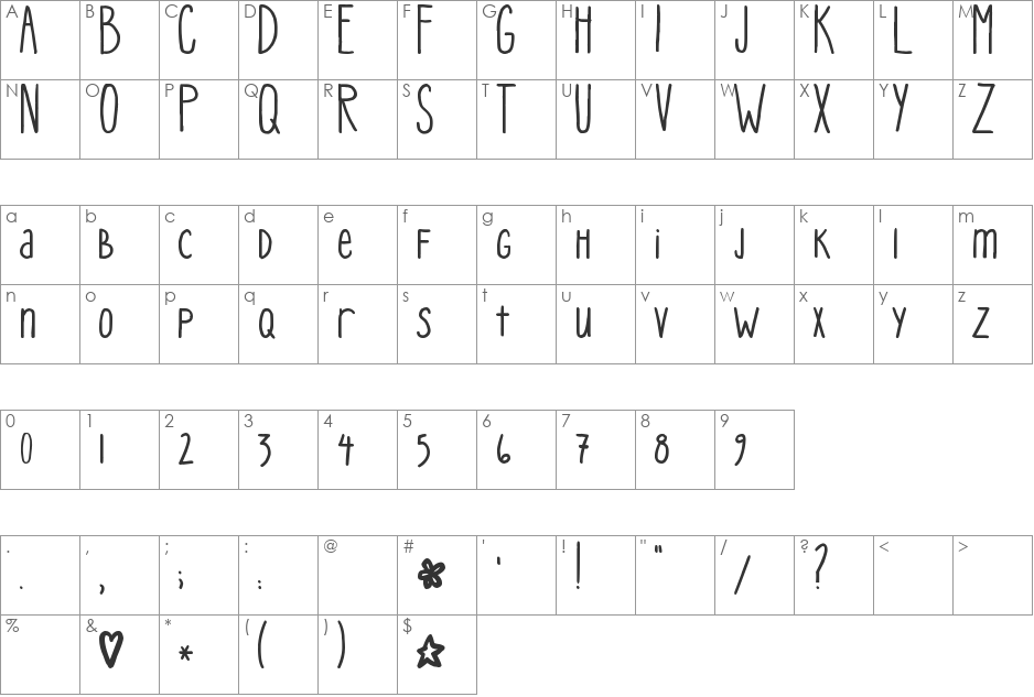 Pea Mystie font character map preview