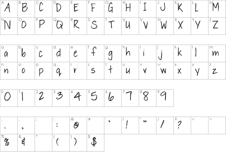 Pea Sue's Print font character map preview