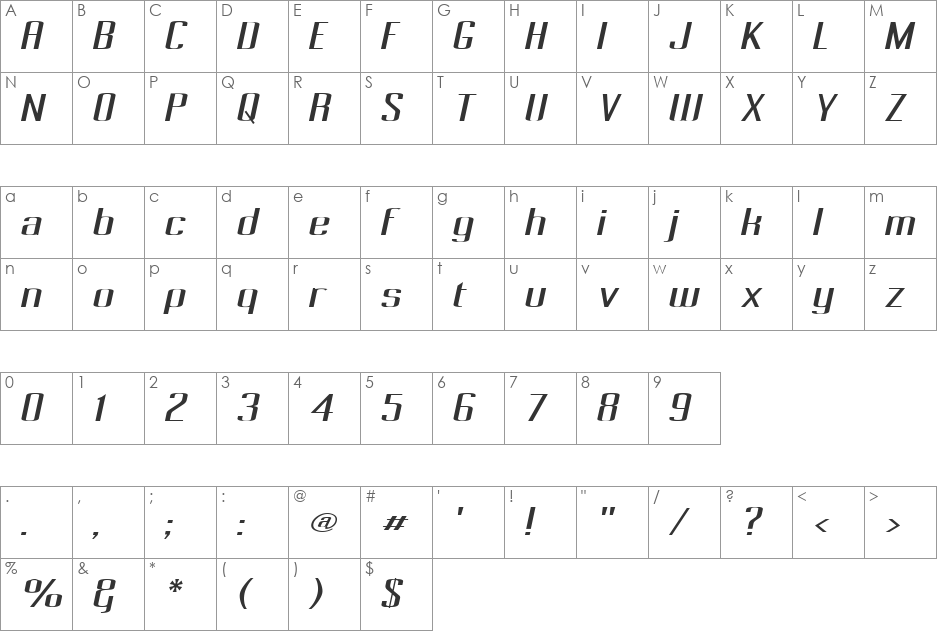 Pecot Oblique font character map preview
