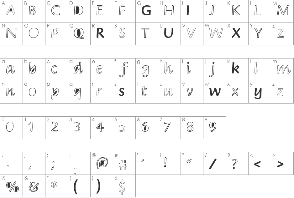 Peekaboo2 font character map preview