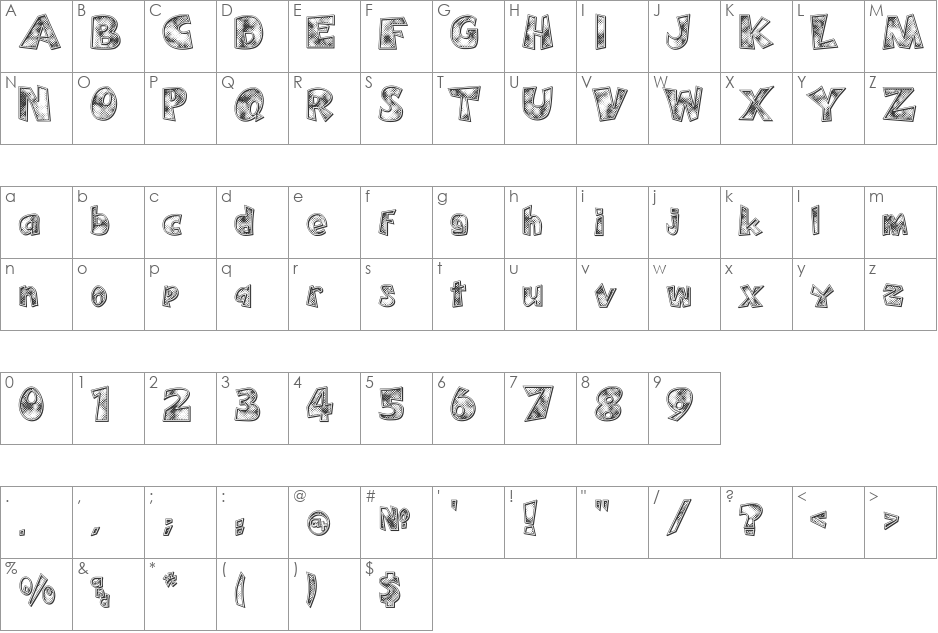 PeeKnuckle 'Textur3d' font character map preview