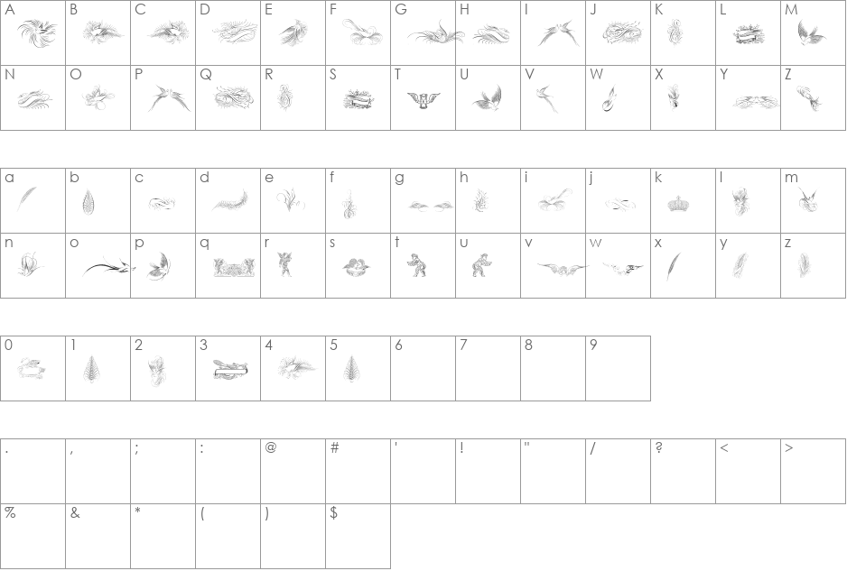 Penmanship Birds and Ornaments Free font character map preview