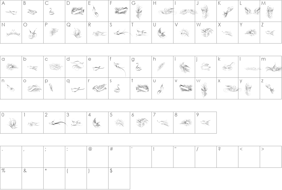 Penmanship Birds Free font character map preview
