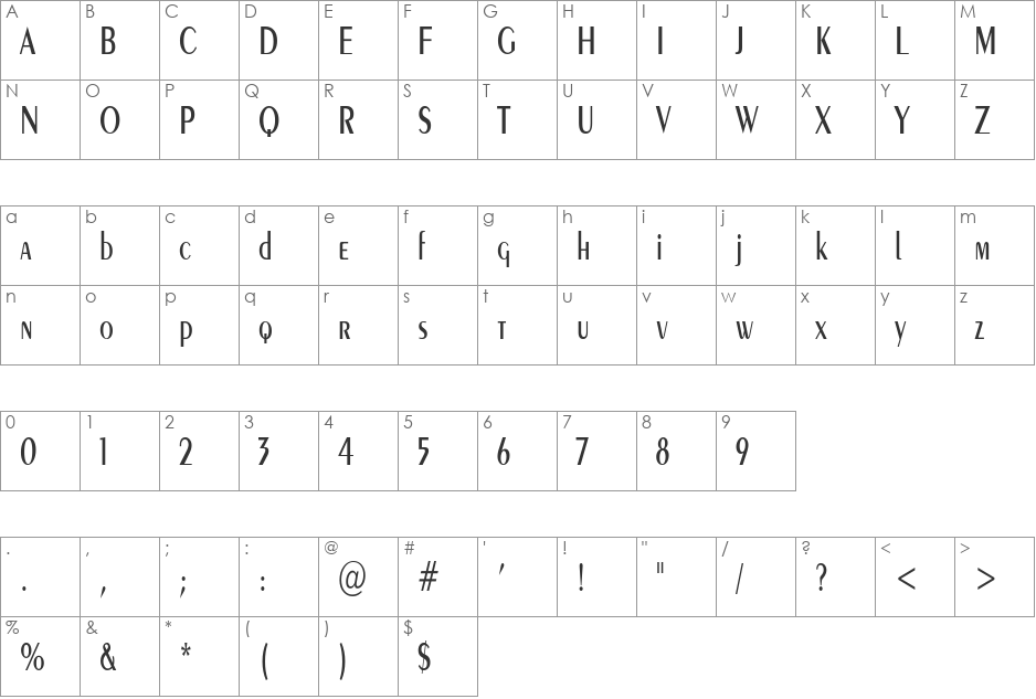 PenwinCondensed font character map preview