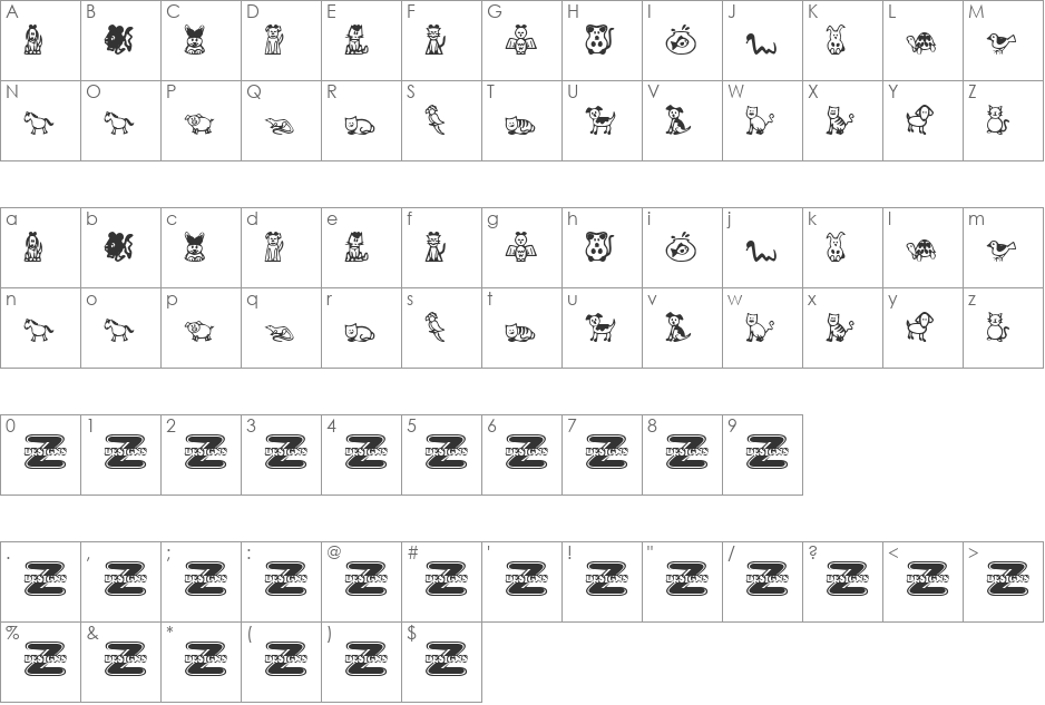 Pet Animals font character map preview