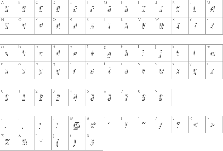 Petak Square Shadow font character map preview